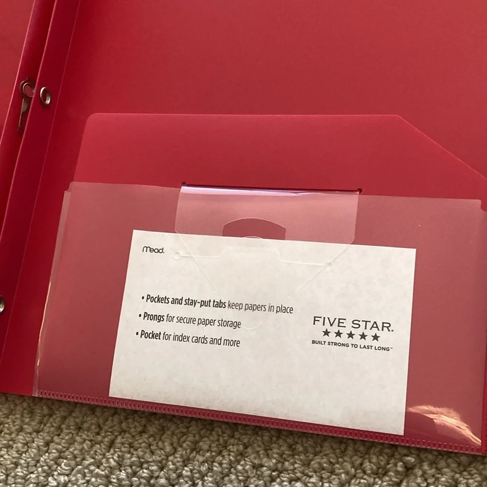 NEW Mead Five Star 2 Pocket Premium Stay Put Folder Red with Dividers Plastic
